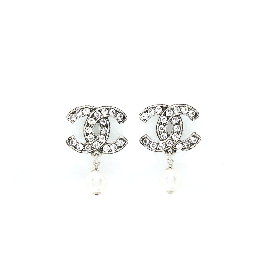 Chanel Crystal CC Earrings With Dropping Pearl