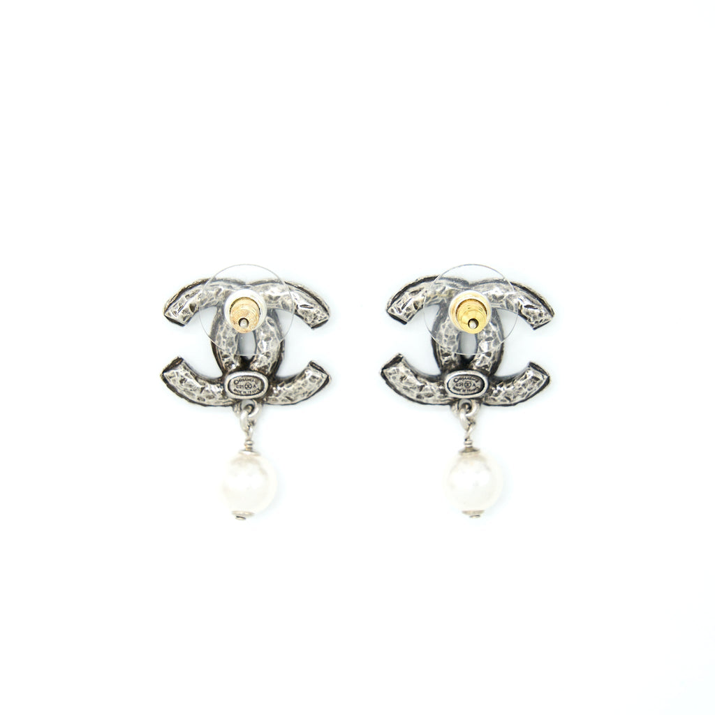 Chanel Crystal CC Earrings With Dropping Pearl