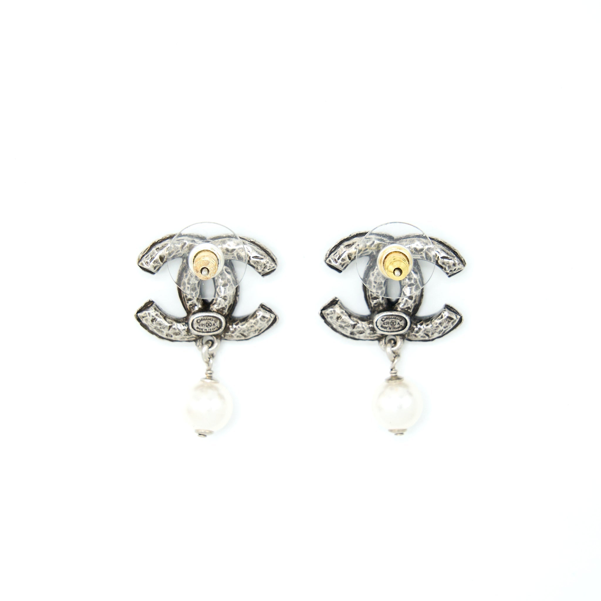 Chanel Crystal CC Earrings With Dropping Pearl