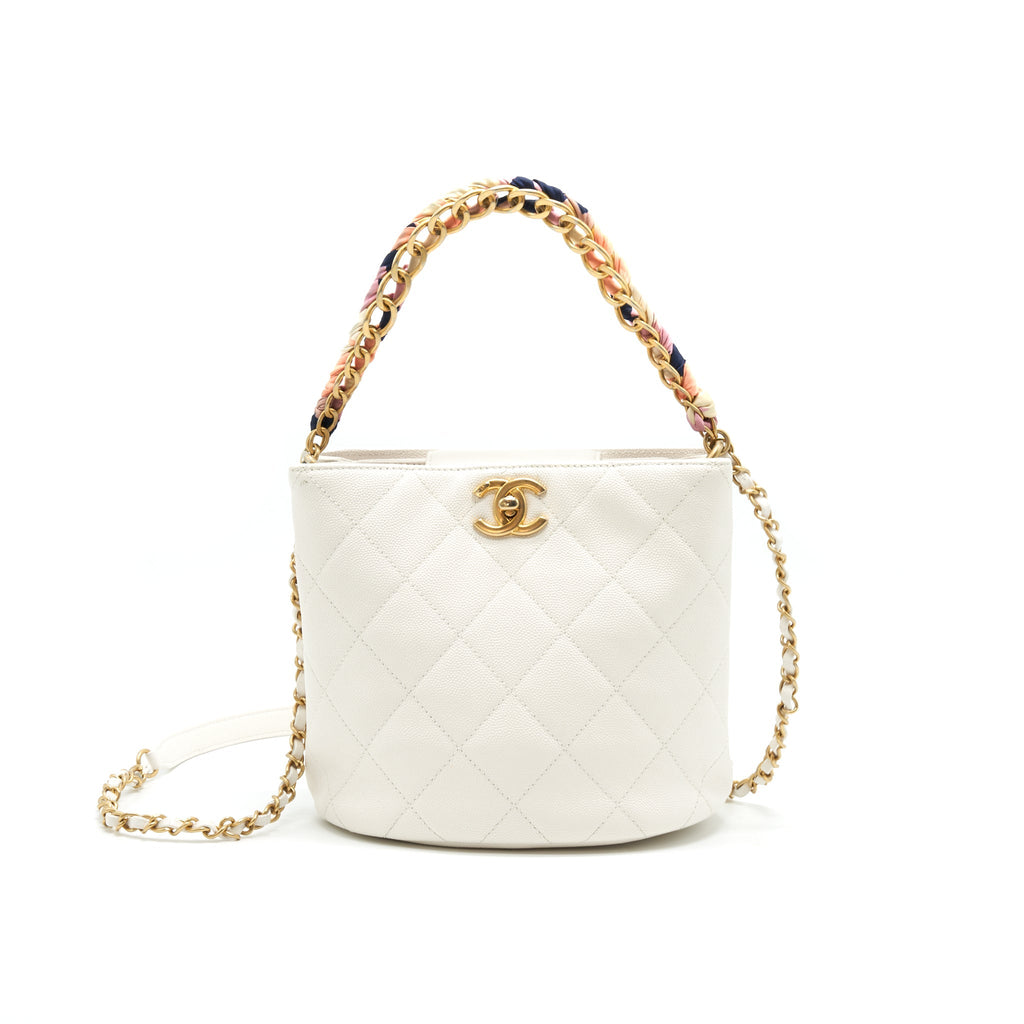 Chanel Bucket Bag With Chain Handle Caviar White