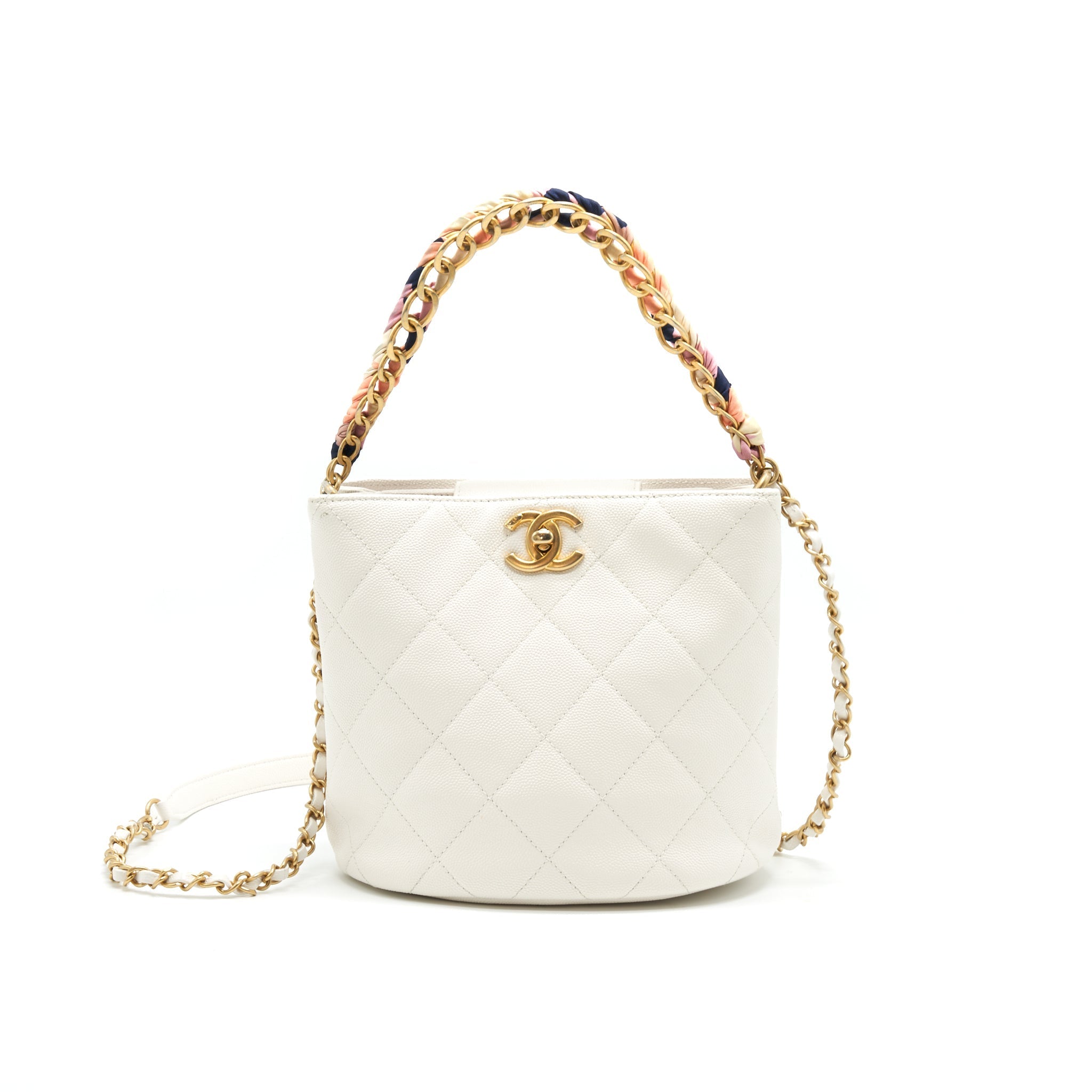 Chanel Bucket Bag With Chain Handle Caviar White