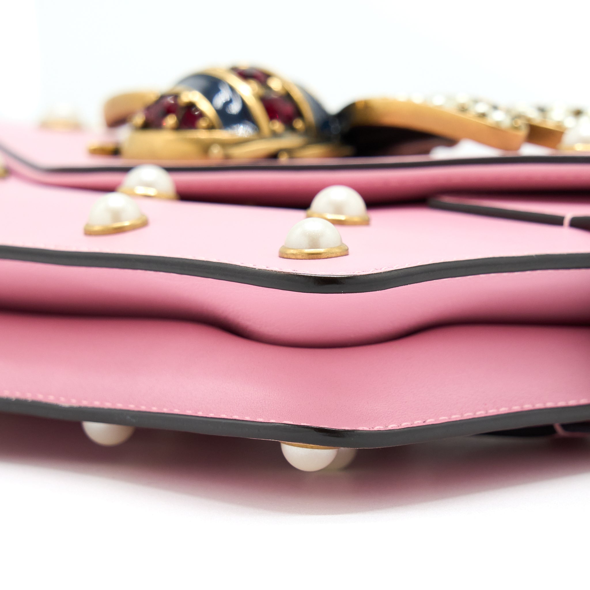 Gucci Pearl Studded Mini Broadway Bee Shoulder Bag Pink