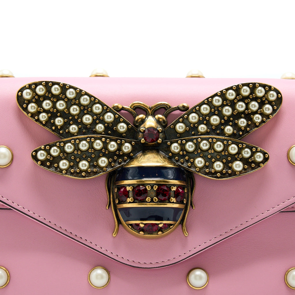 Gucci Pearl Studded Mini Broadway Bee Shoulder Bag Pink