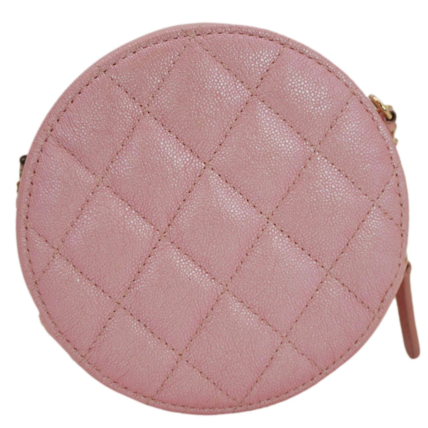 CHANEL Round Quilted Iridescent Caviar Leather Clutch Crossbody Bag Pink