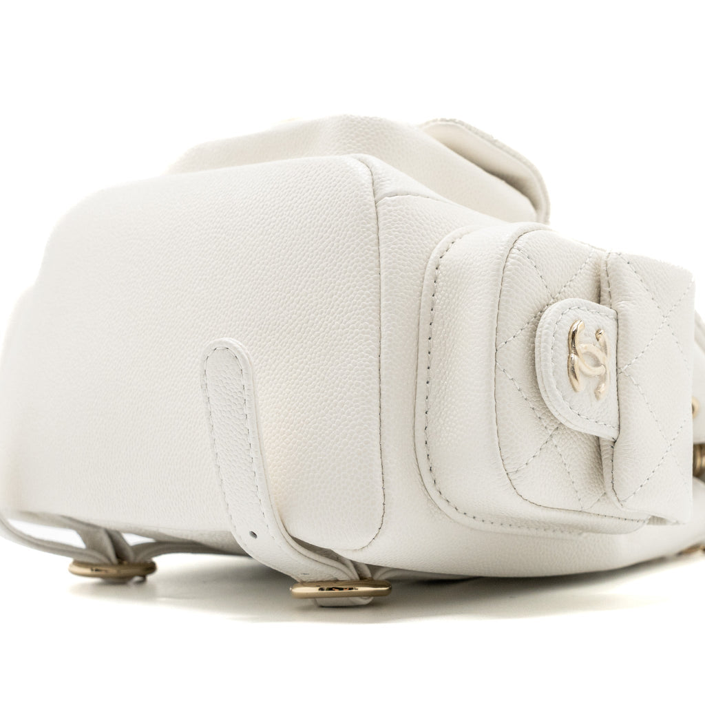 Chanel 23k Triple Pocket Mini Backpack Caviar White L(Microchip)