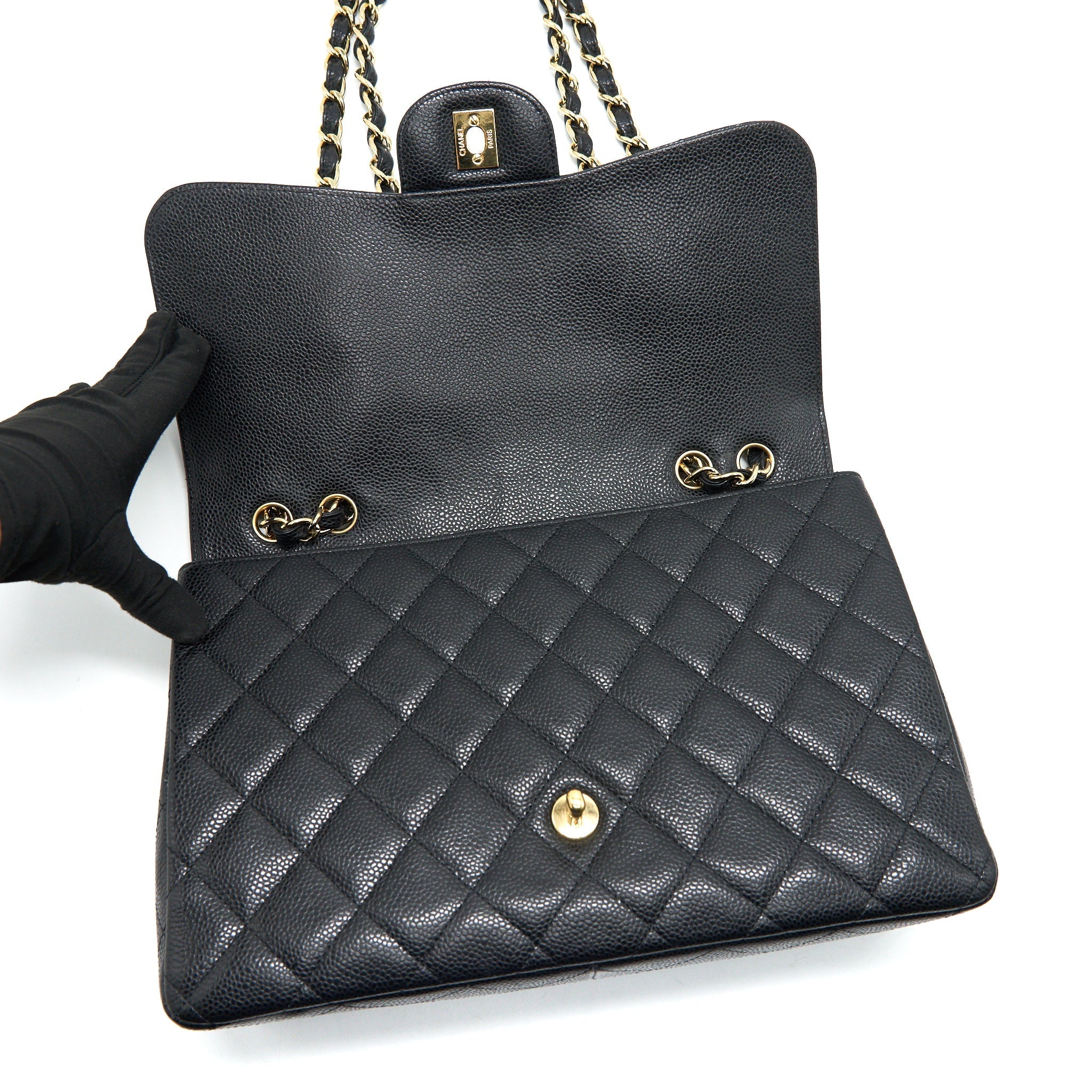 CHANEL CLASSIC JUMBO SINGLE FLAP BAG BLACK CAVIER