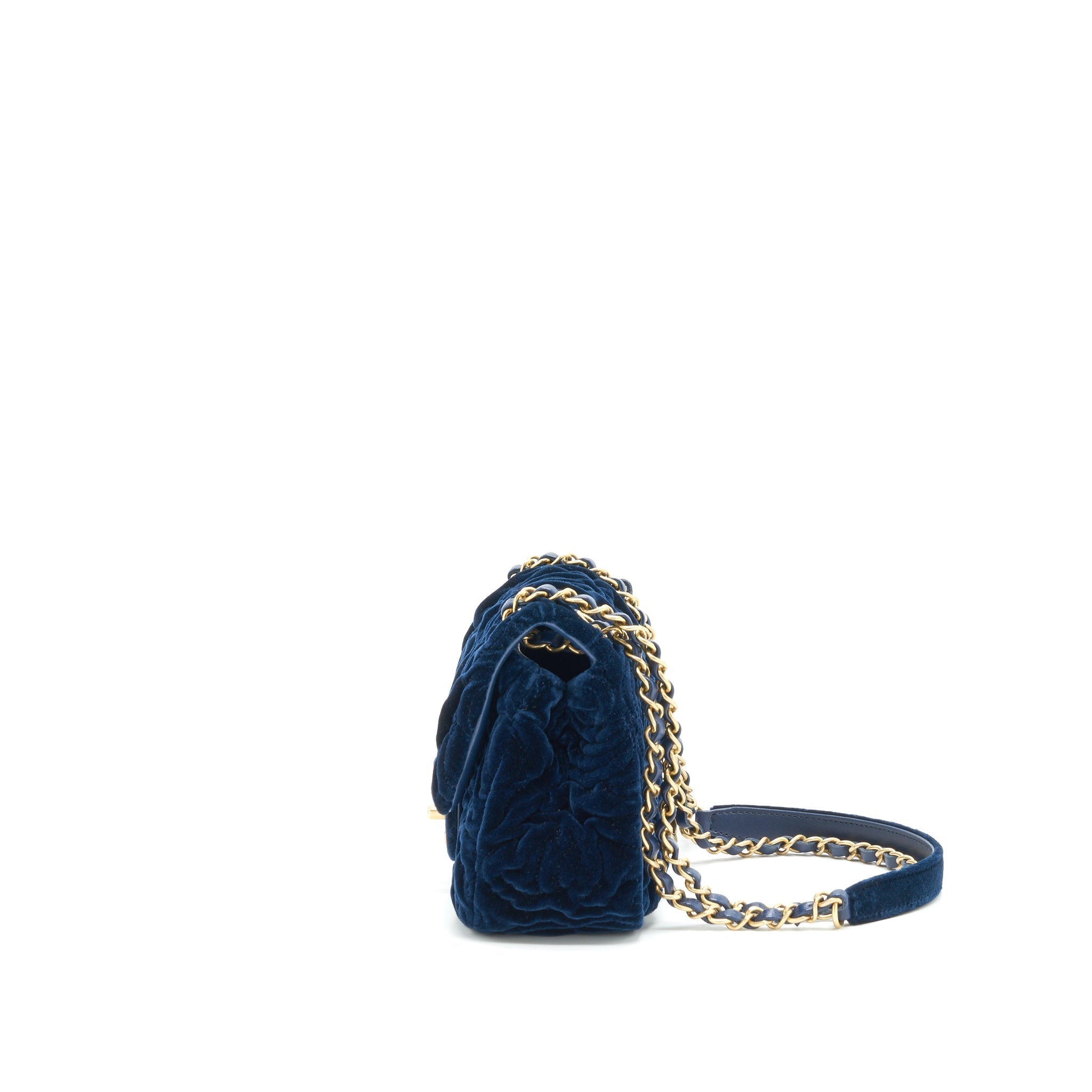 Chanel Velvet Camellia Embossed Mini Square Flap Bag Navy