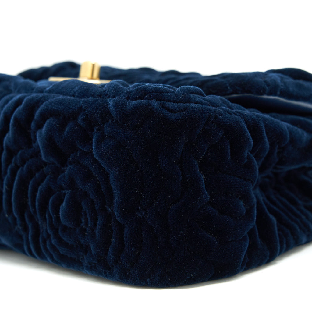 Chanel Velvet Camellia Embossed Mini Square Flap Bag Navy