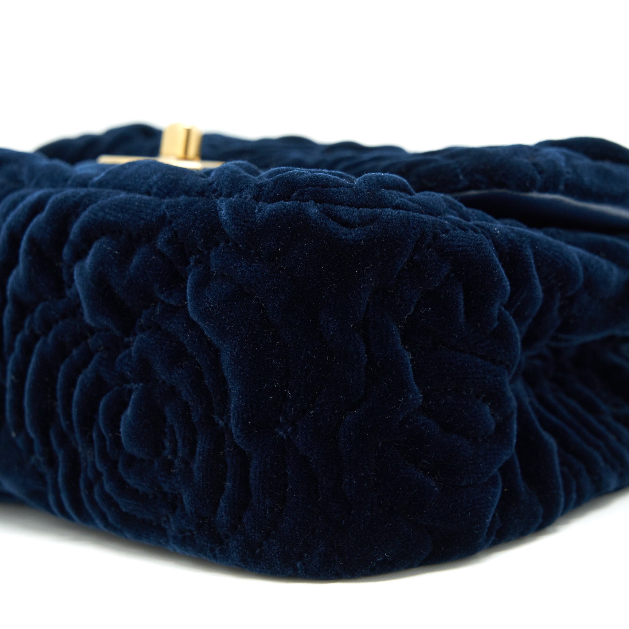 Chanel Velvet Camellia Embossed Mini Square Flap Bag Navy