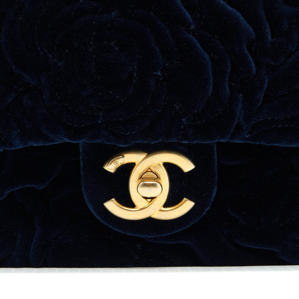 Chanel Velvet Camellia Embossed Mini Square Flap Bag Navy