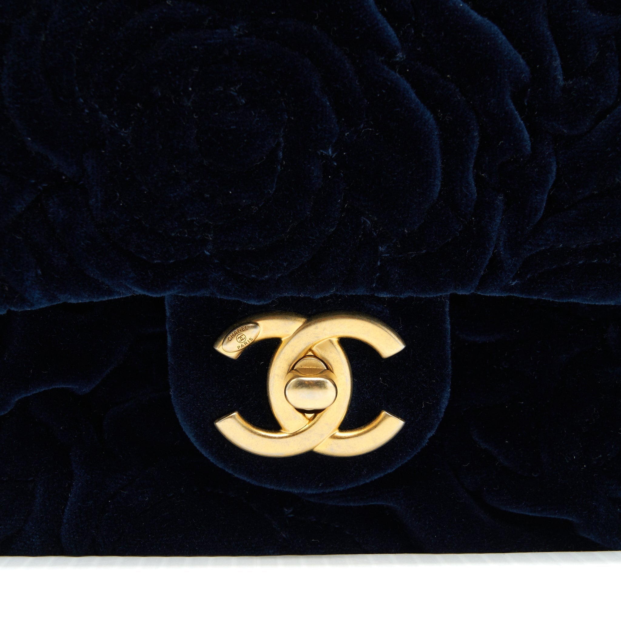 Chanel Velvet Camellia Embossed Mini Square Flap Bag Navy