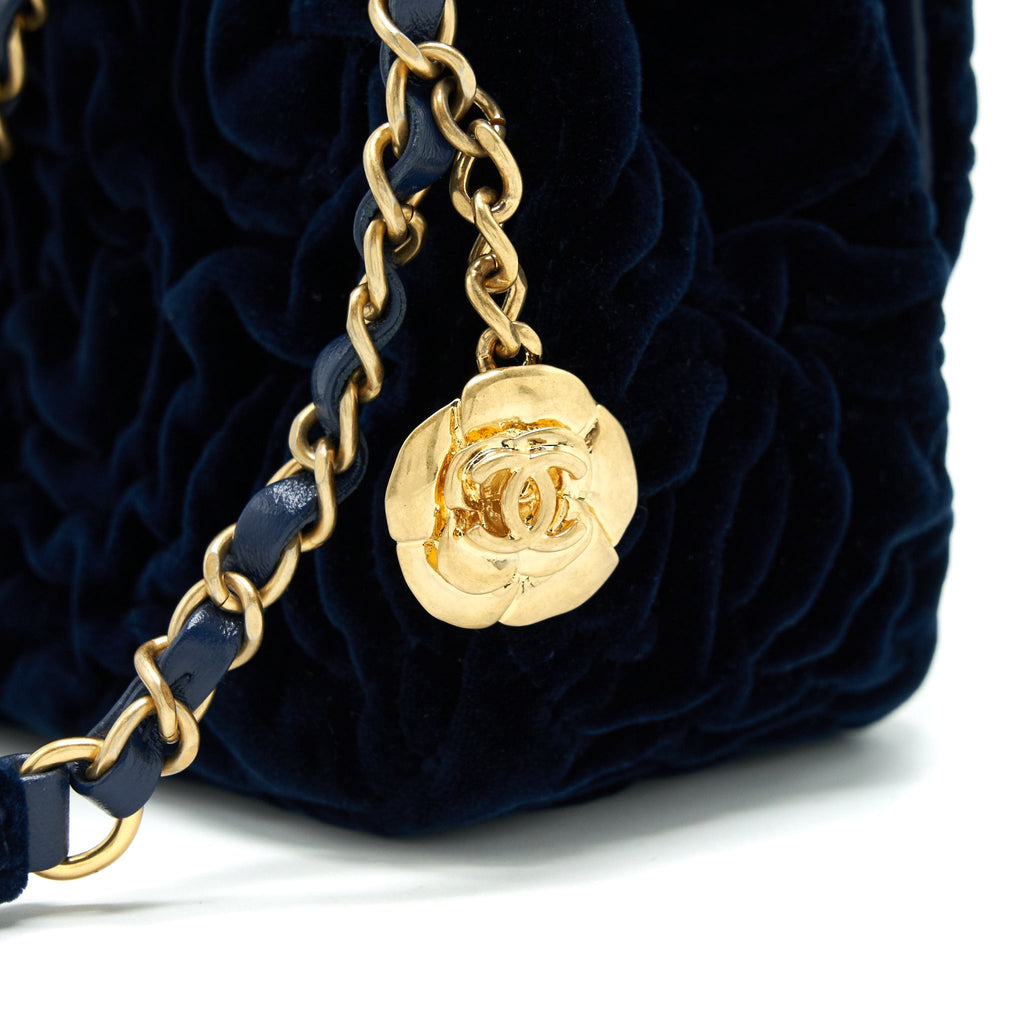 Chanel Velvet Camellia Embossed Mini Square Flap Bag Navy