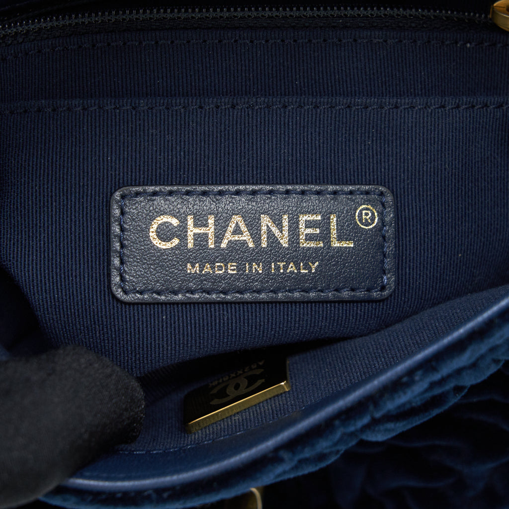 Chanel Velvet Camellia Embossed Mini Square Flap Bag Navy