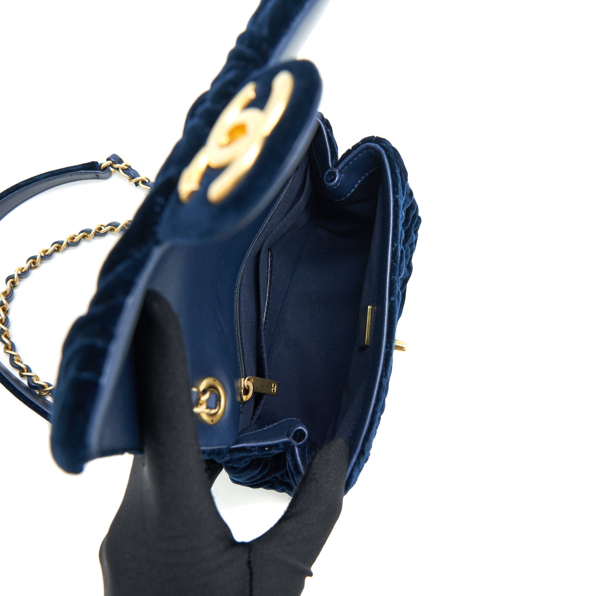 Chanel Velvet Camellia Embossed Mini Square Flap Bag Navy