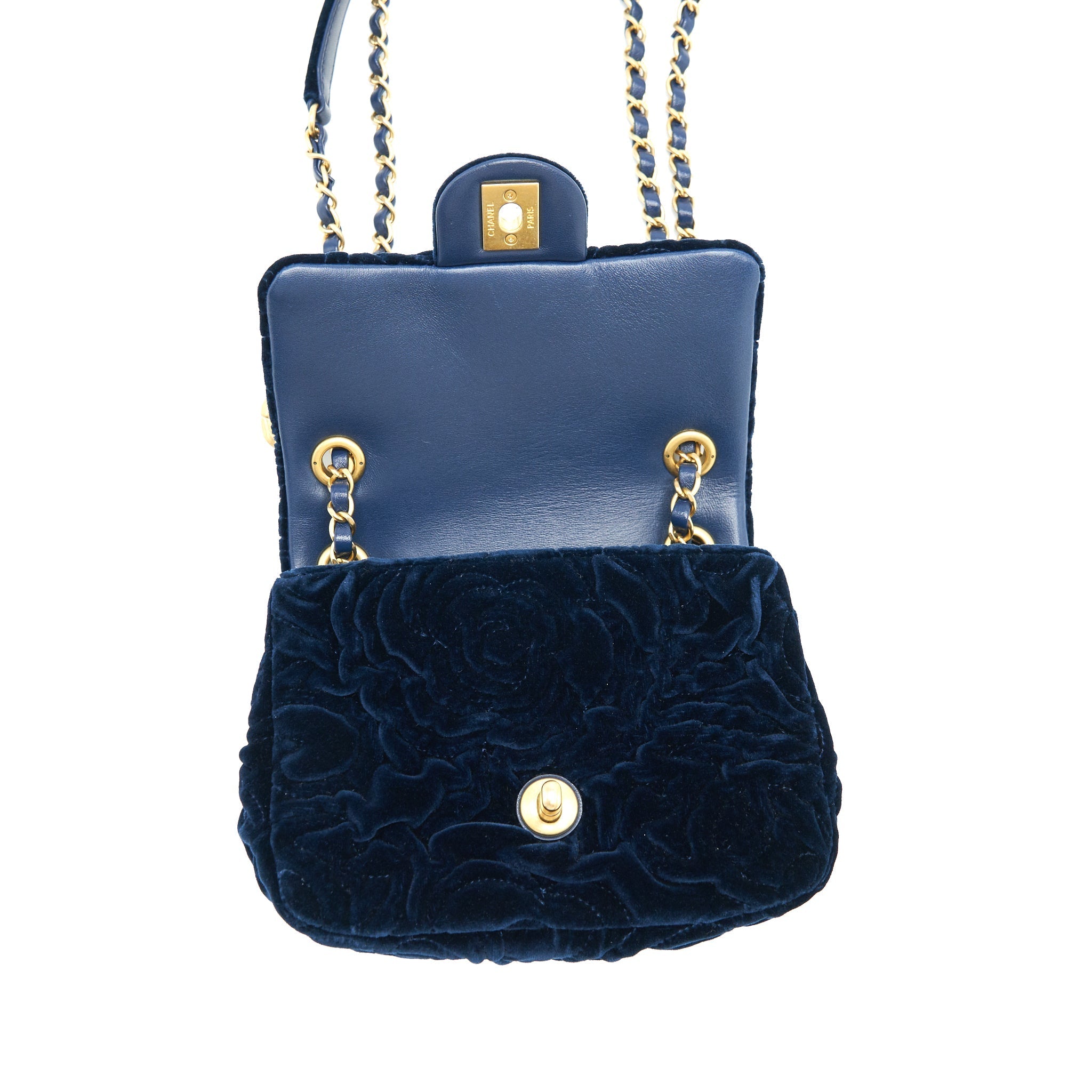 Chanel Velvet Camellia Embossed Mini Square Flap Bag Navy