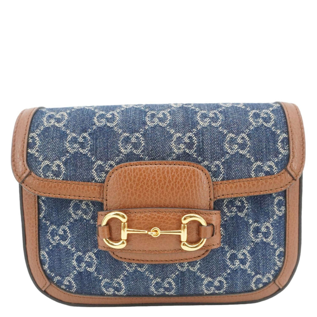 GUCCI Horsebit 1955 Flap Mini Denim Shoulder Bag Blue 658574