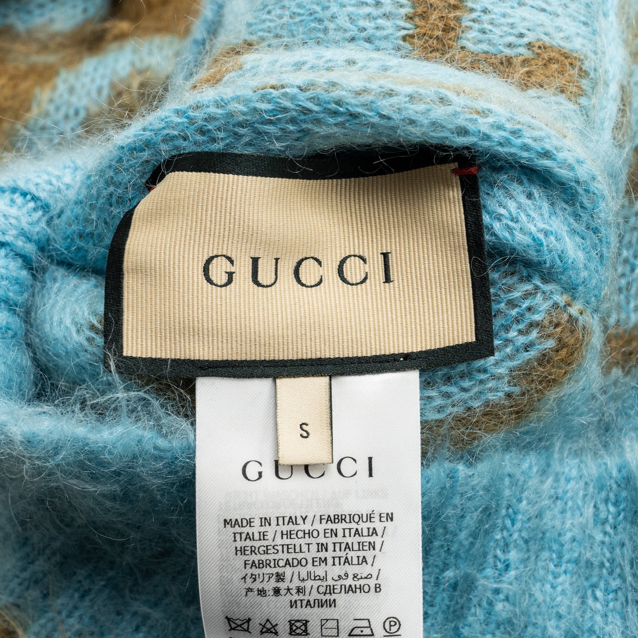 Gucci Size S Reversible GG igan Mohair/Polyamide/Wool Light Blue/Brown