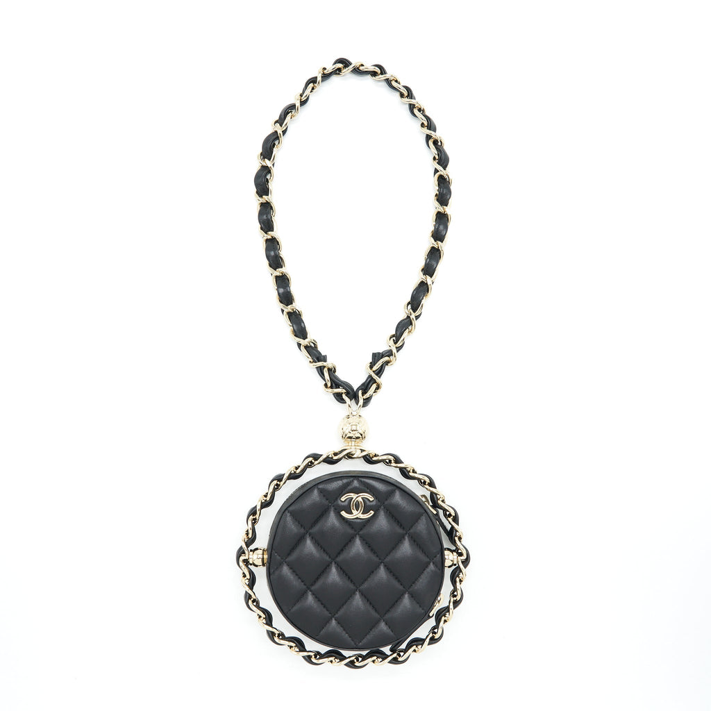 Chanel Round Clutch With Chain Lambskin Black L