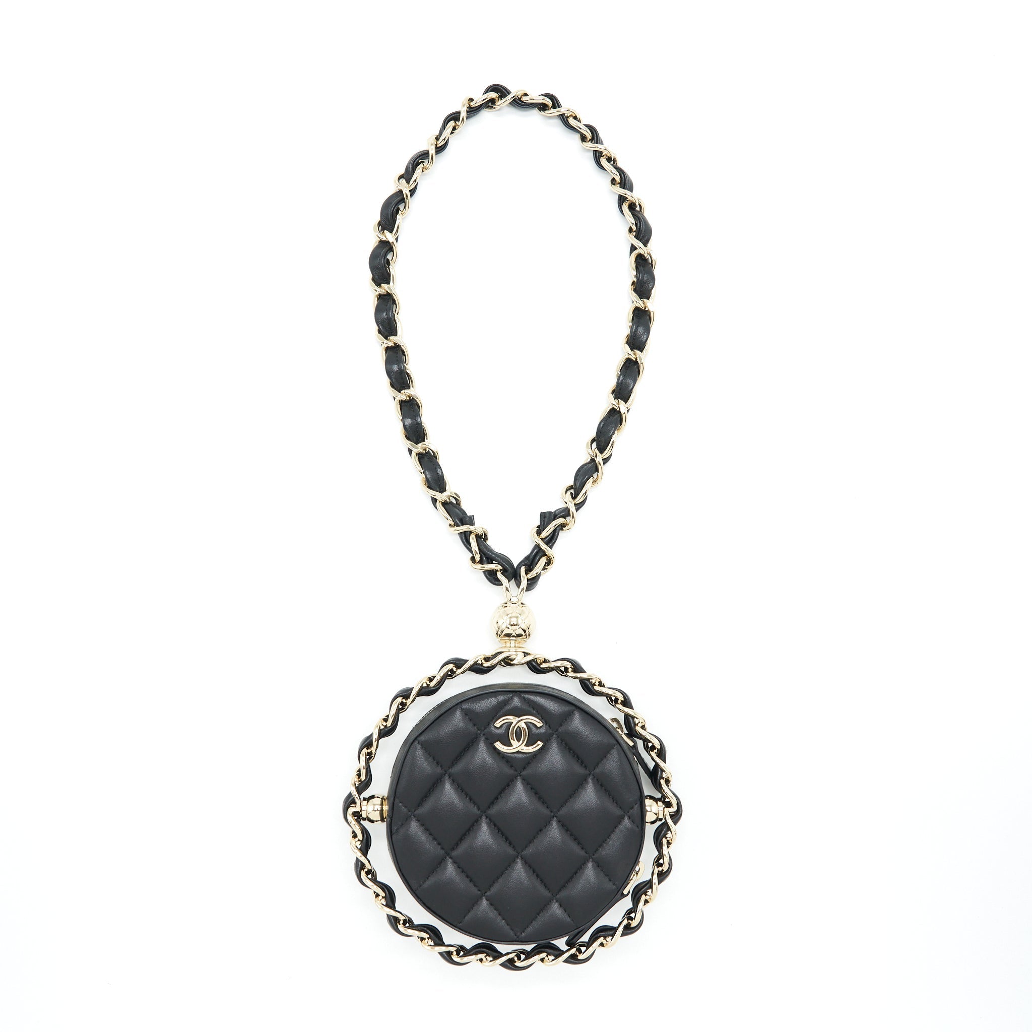 Chanel Round Clutch With Chain Lambskin Black L