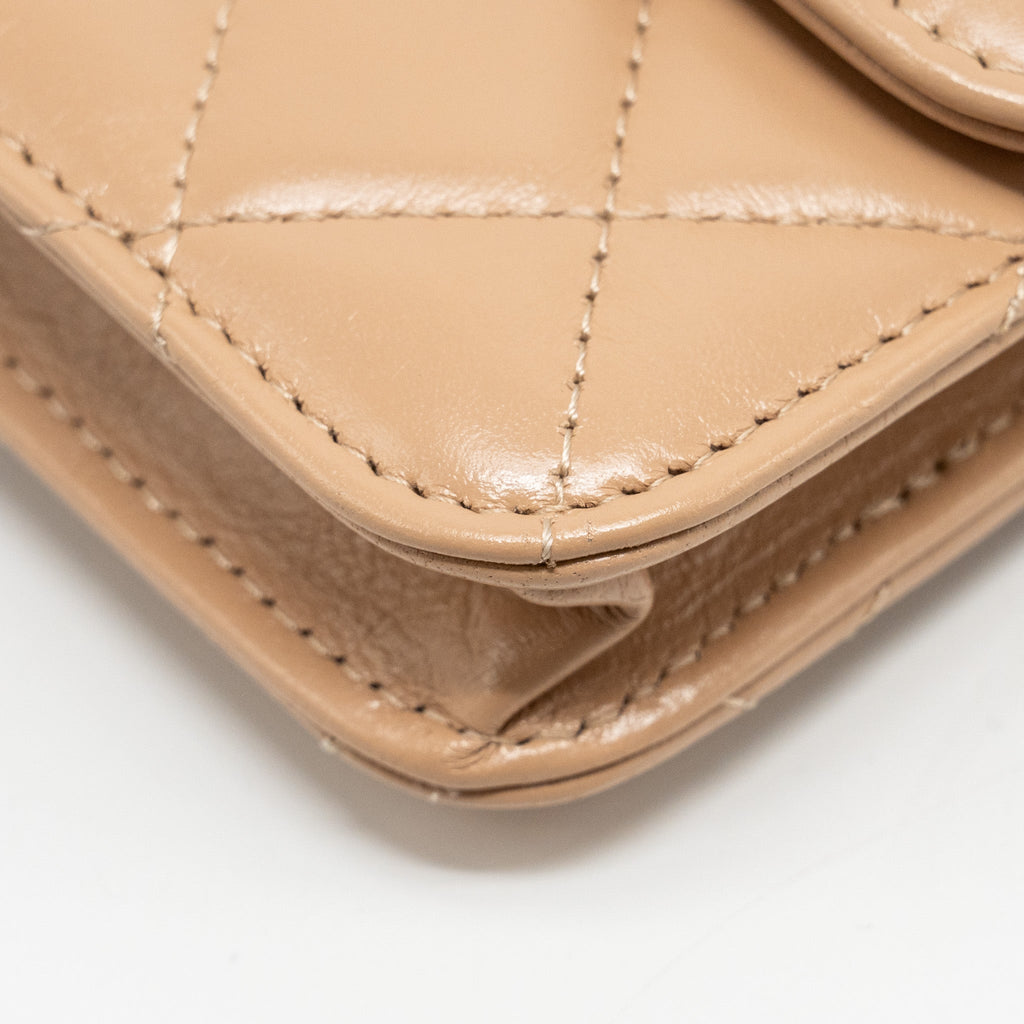Chanel 21A Gold Crush Mini Flap Clutch with Adjustable Chain Calfskin Beige