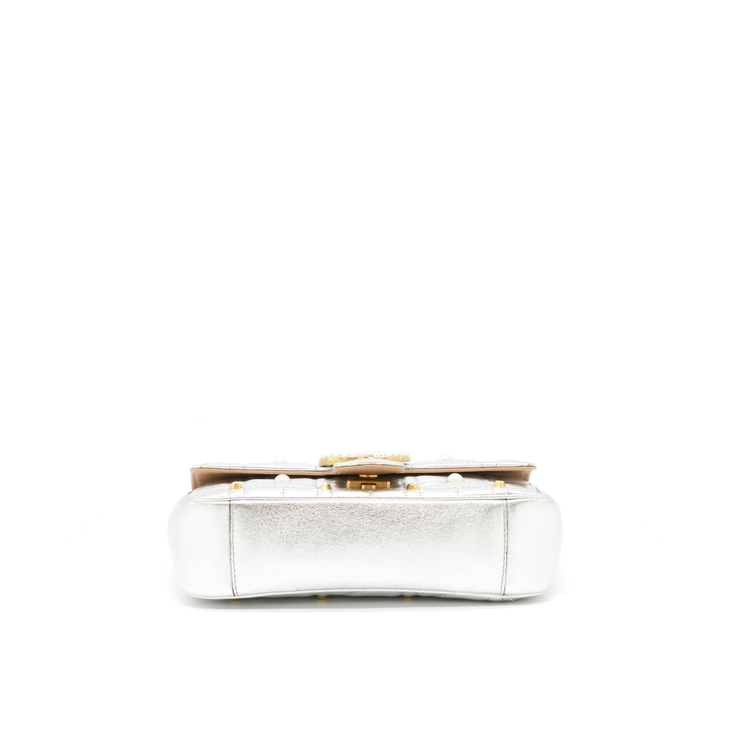 Gucci Mini GG Marmont Flap Bag Limited Edition Silver With Pearl/Gold Hardware