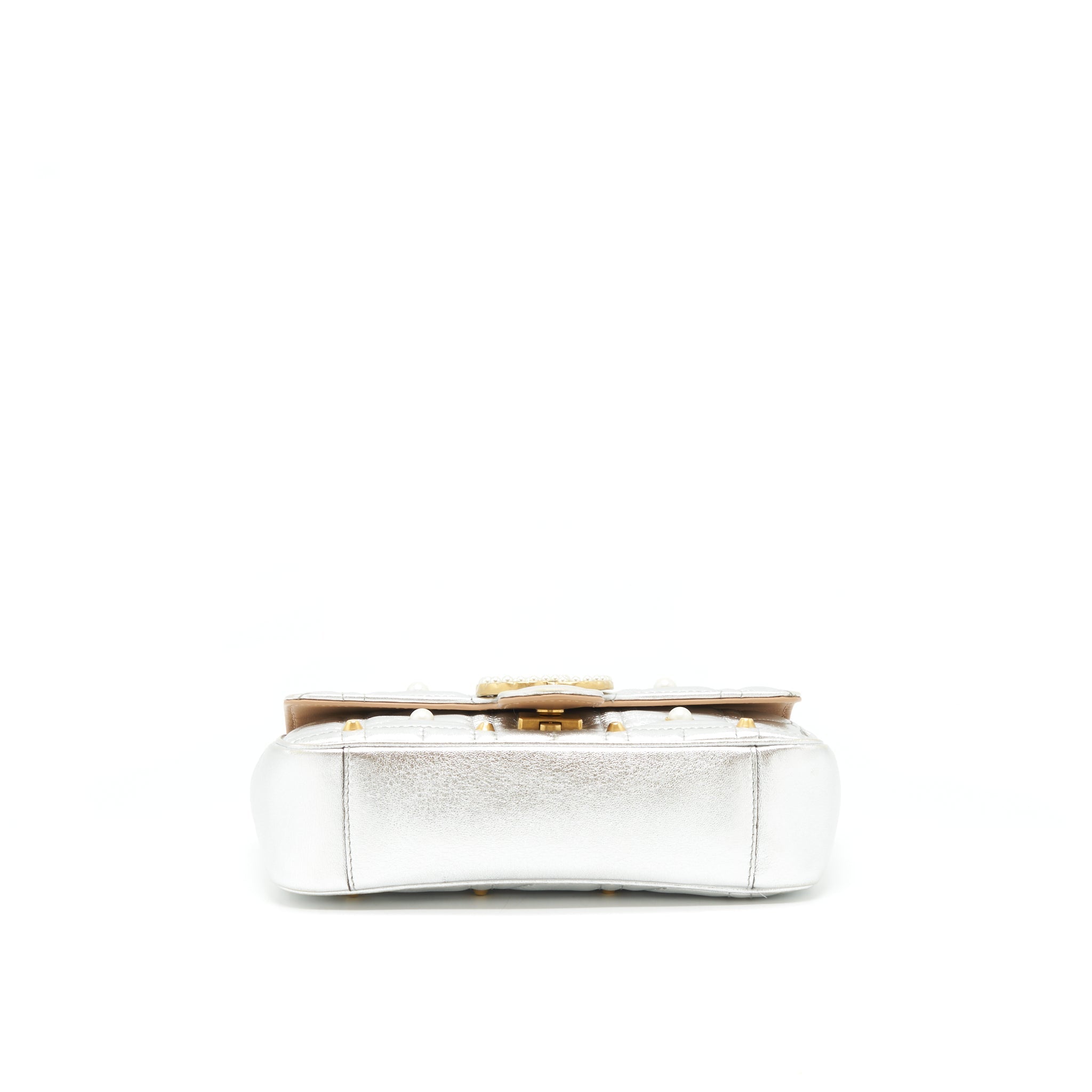 Gucci Mini GG Marmont Flap Bag Limited Edition Silver With Pearl/Gold Hardware