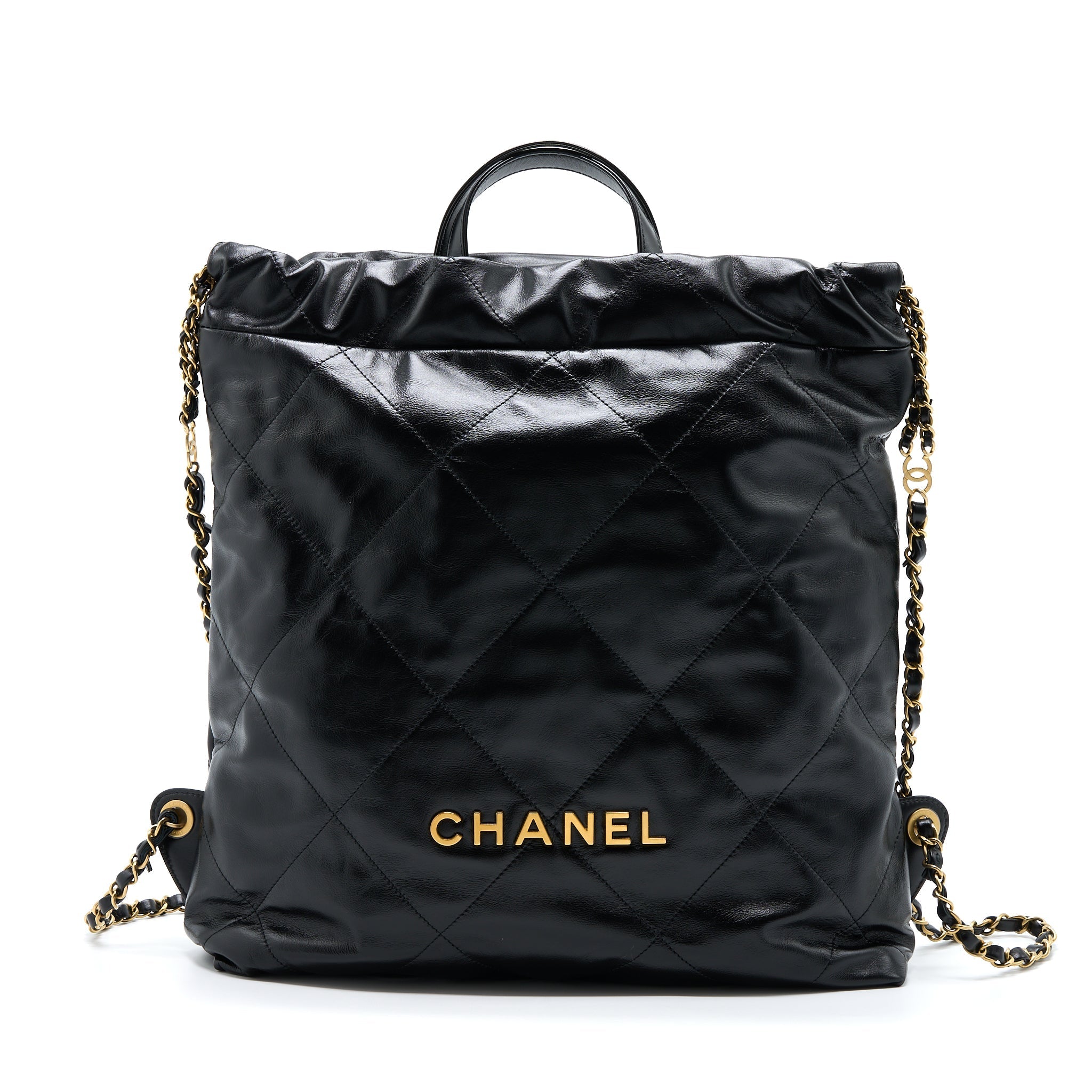 Chanel 22 Backpack Shiny Calfskin Black Brushed  (Microchip)