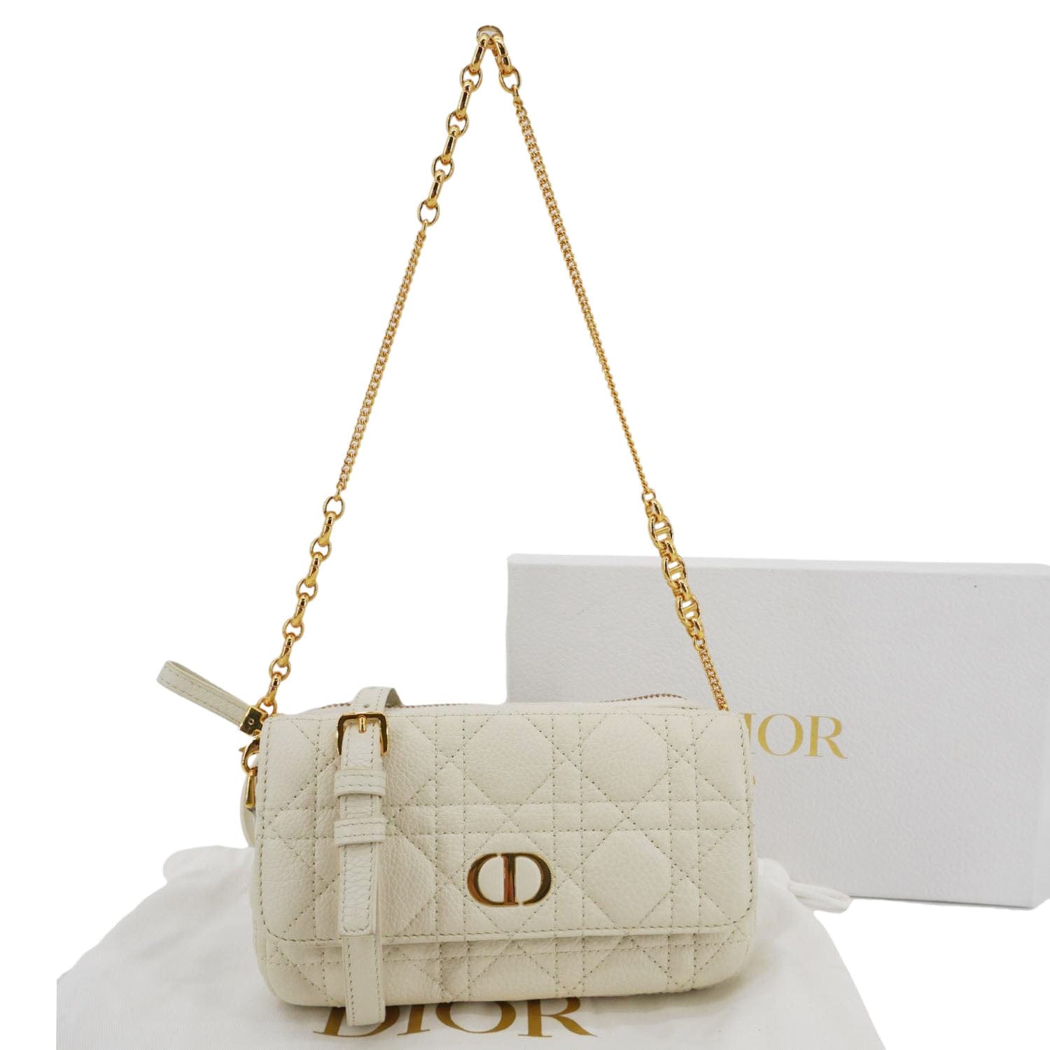 CHRISTIAN DIOR Caro Supple Cannage Calfskin Leather Chain Shoulder Bag Ivory