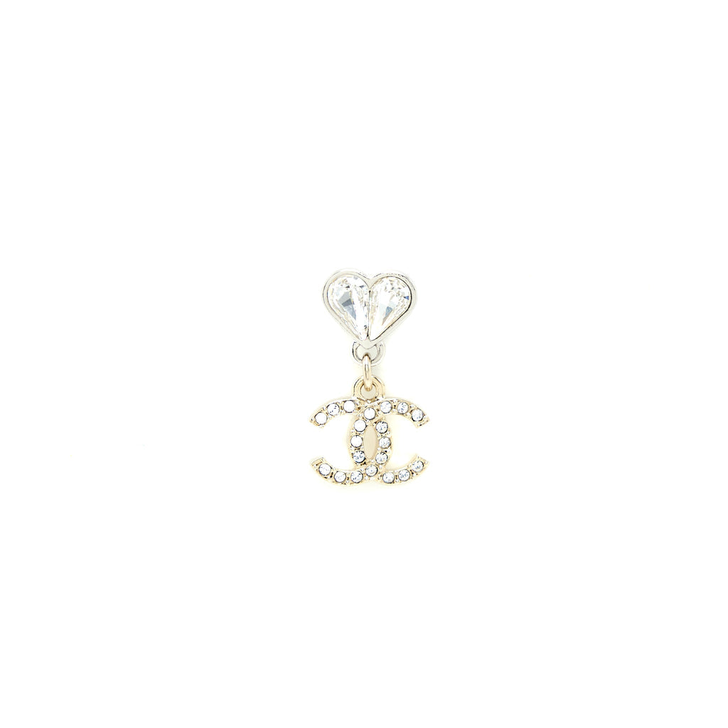 Chanel Heart & CC Drop Earrings Crystal Silver Tone
