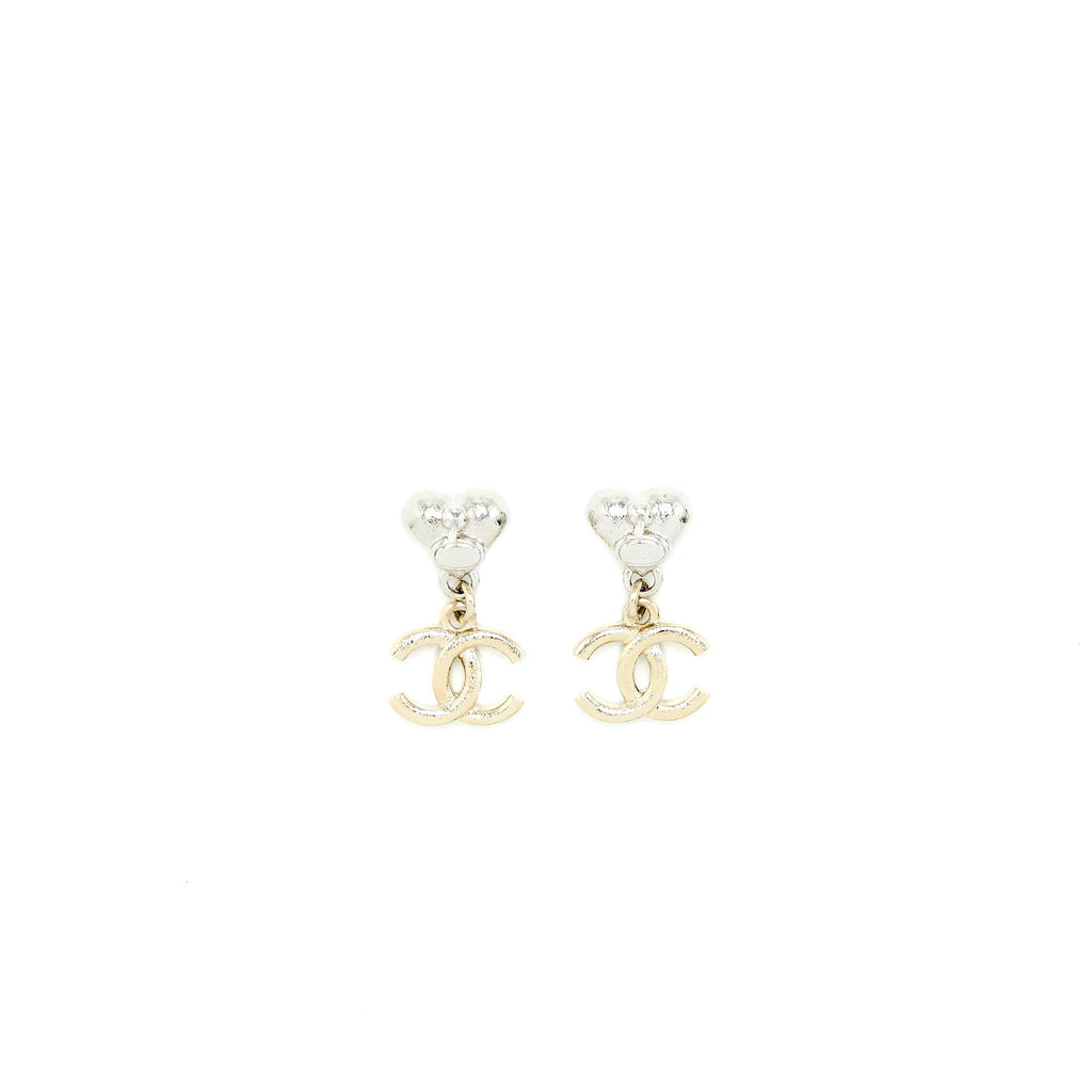 Chanel Heart & CC Drop Earrings Crystal Silver Tone