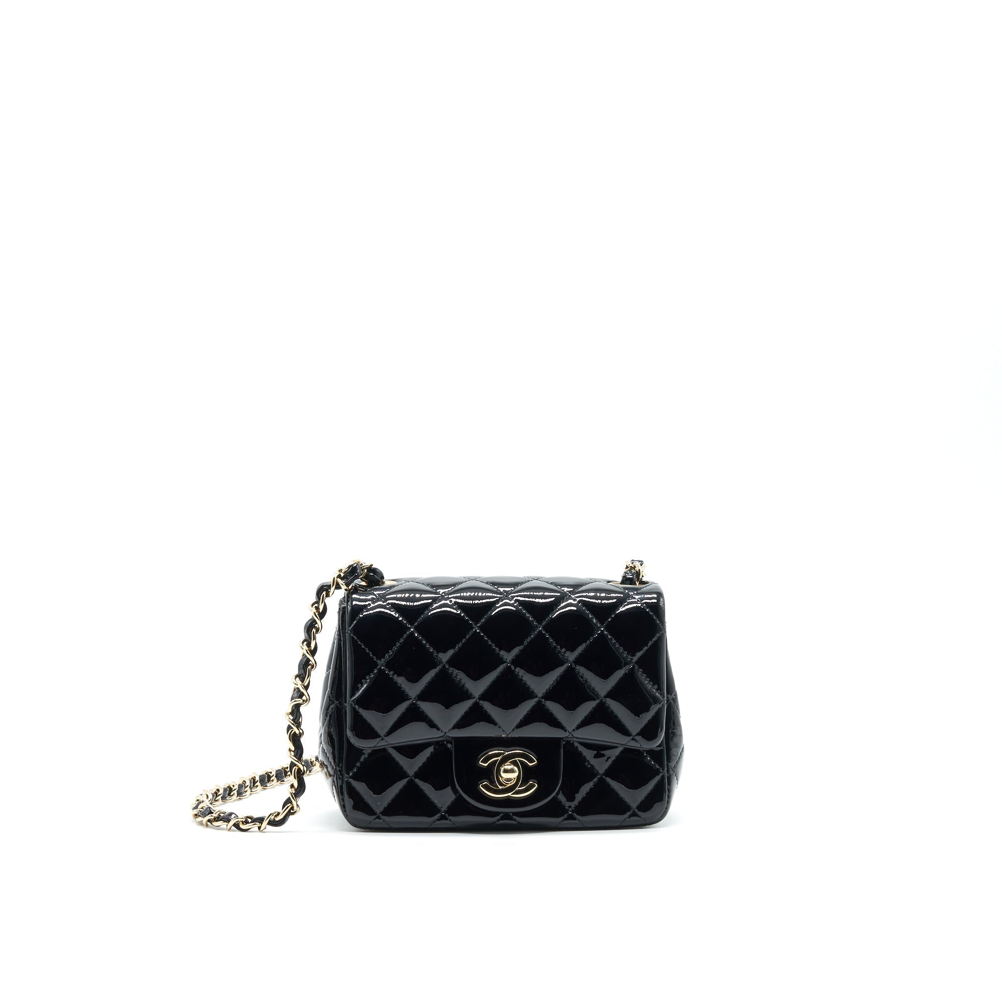 CHANEL MINI SQUARE FLAP BAG QUILTED PATENT LEATHER BLACK