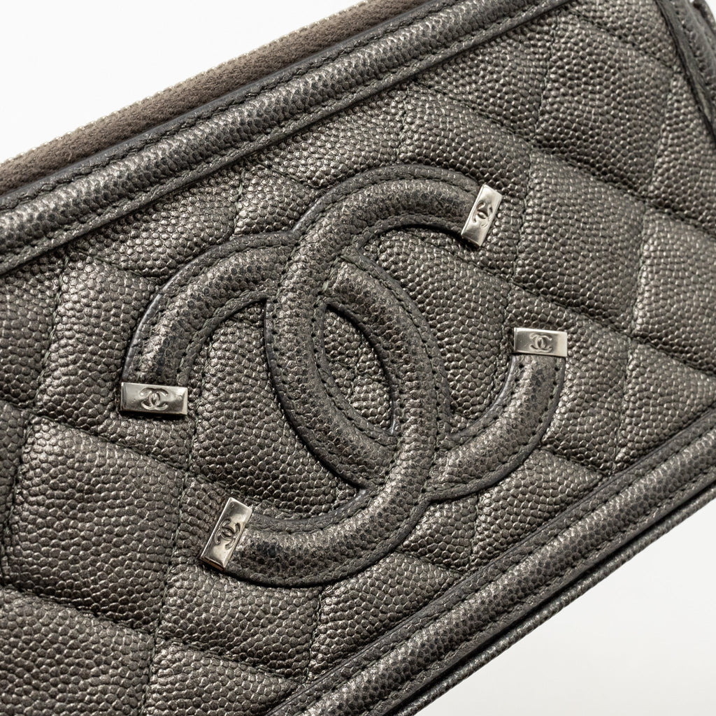 Chanel CC Filigree Double Zip Clutch with Chain Caviar Grey