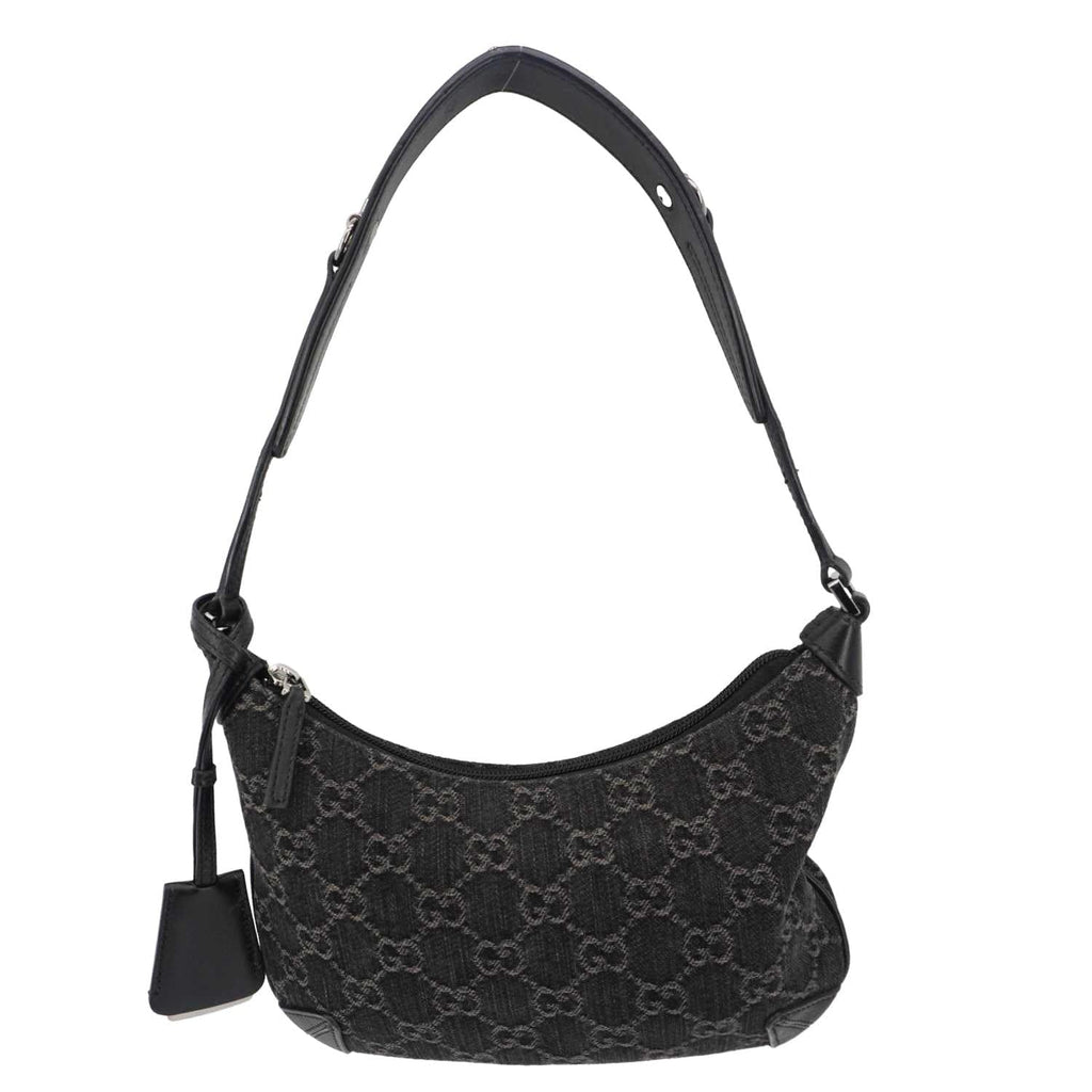 GUCCI Horsebit Slim Small GG Monogram Denim Hobo Shoulder Bag Black 774719