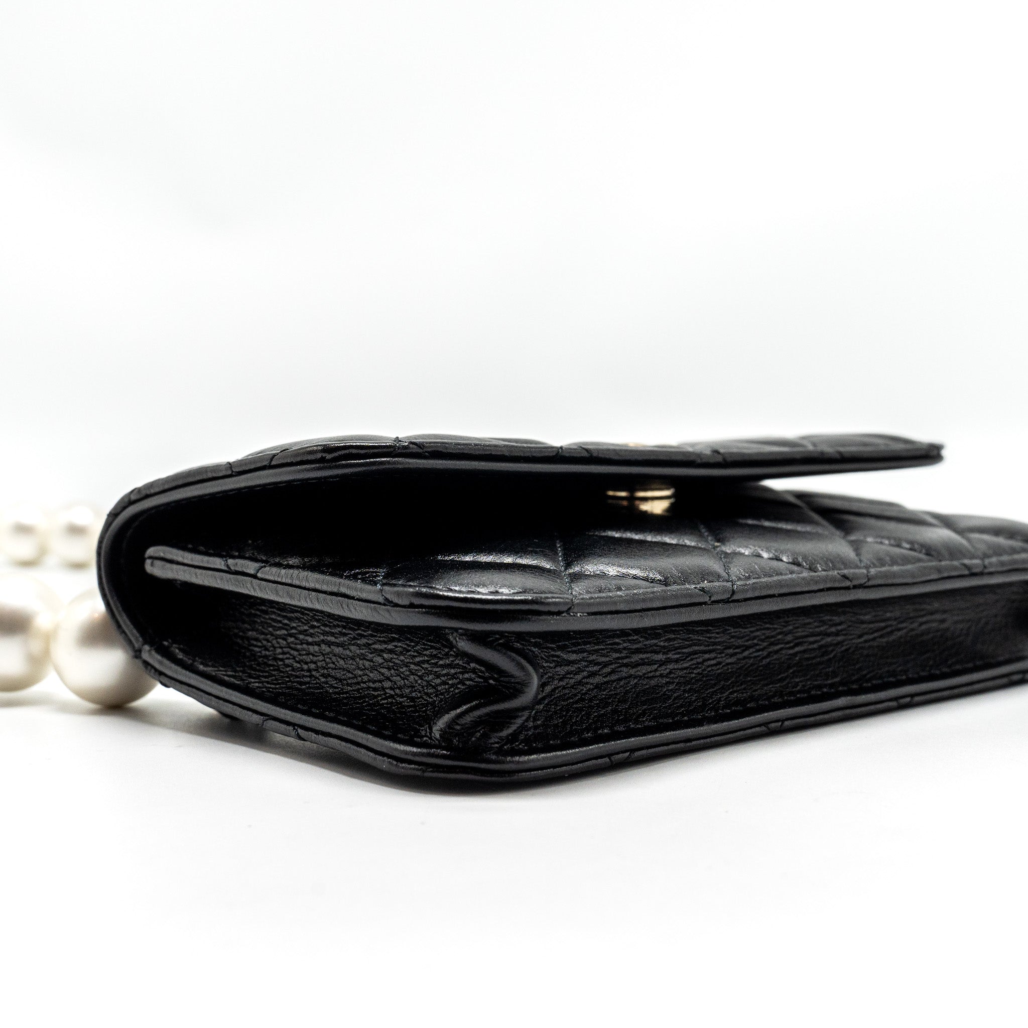 Chanel CC Logo Clutch with Giant Pearl Chain Lambskin Black L