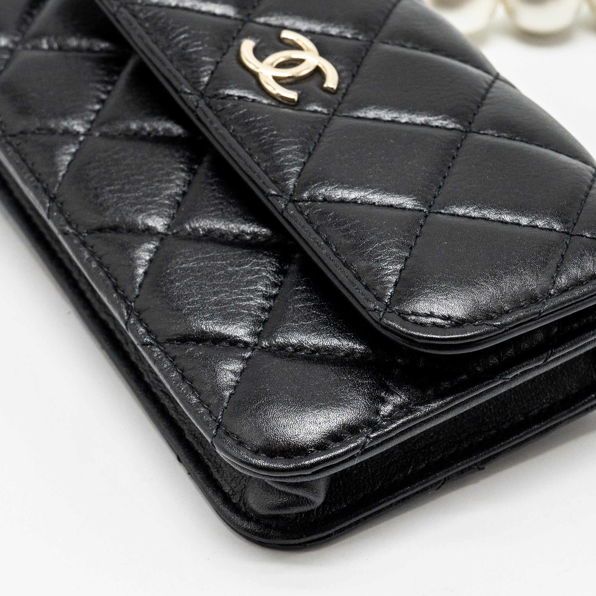 Chanel CC Logo Clutch with Giant Pearl Chain Lambskin Black L