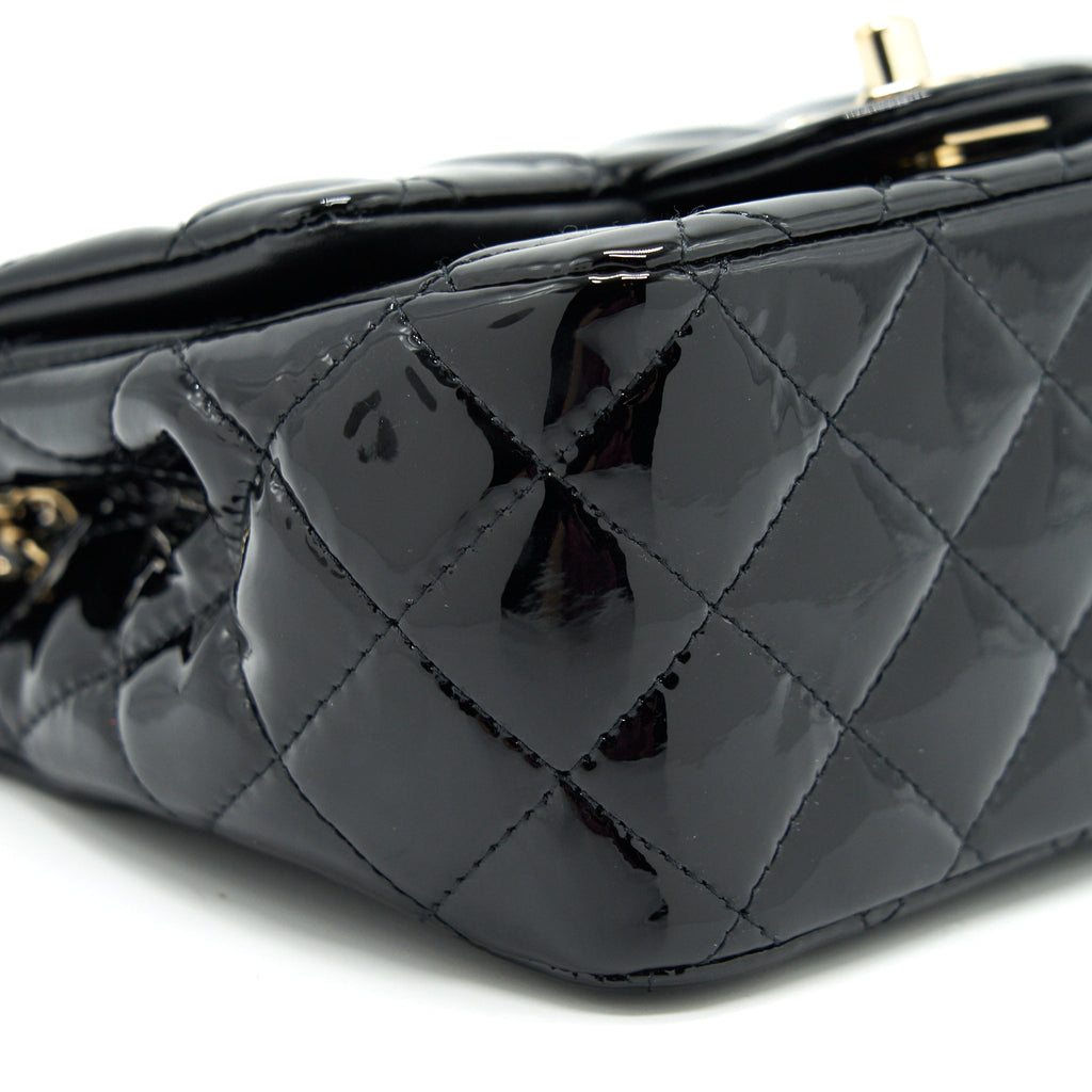 CHANEL MINI SQUARE FLAP BAG QUILTED PATENT LEATHER BLACK