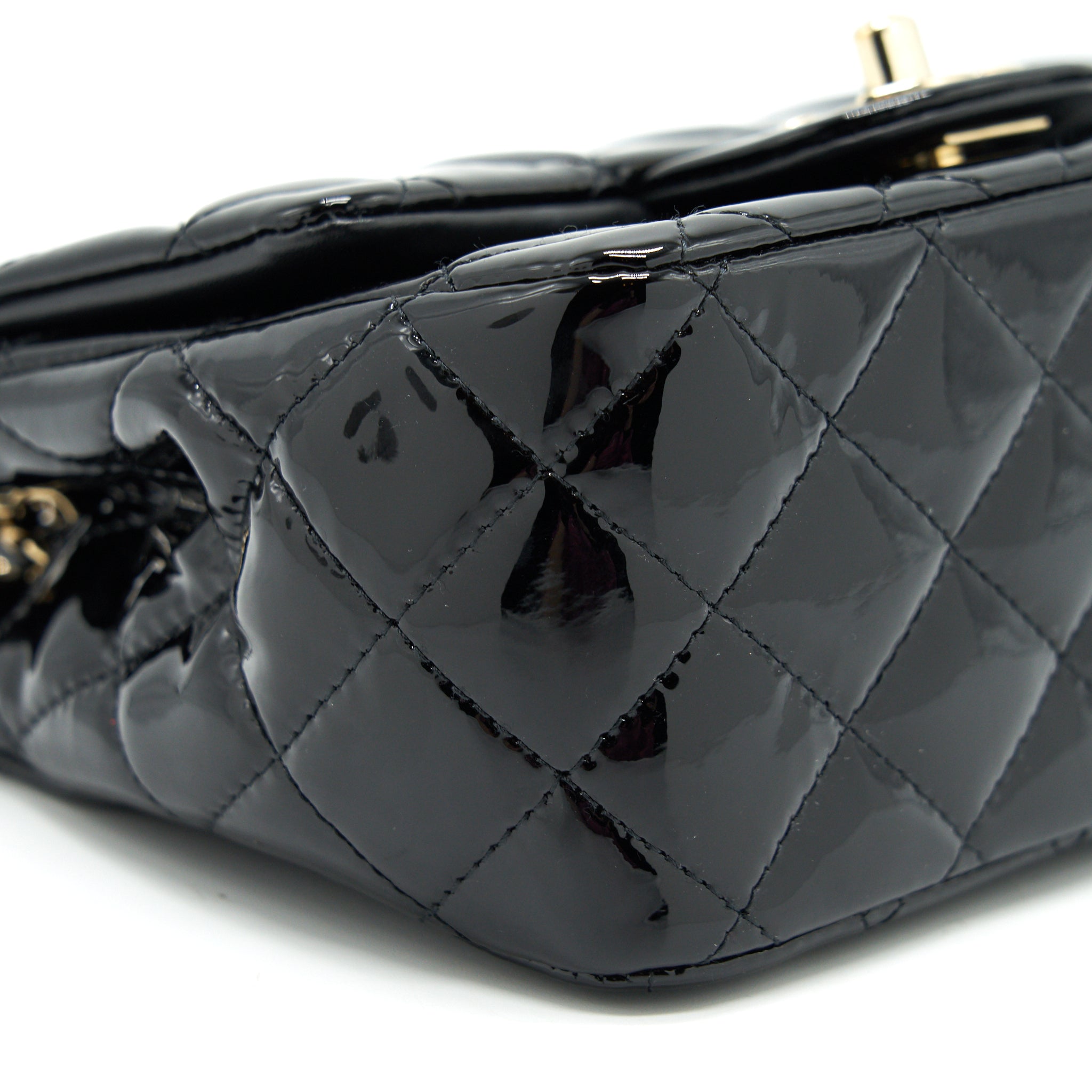 CHANEL MINI SQUARE FLAP BAG QUILTED PATENT LEATHER BLACK