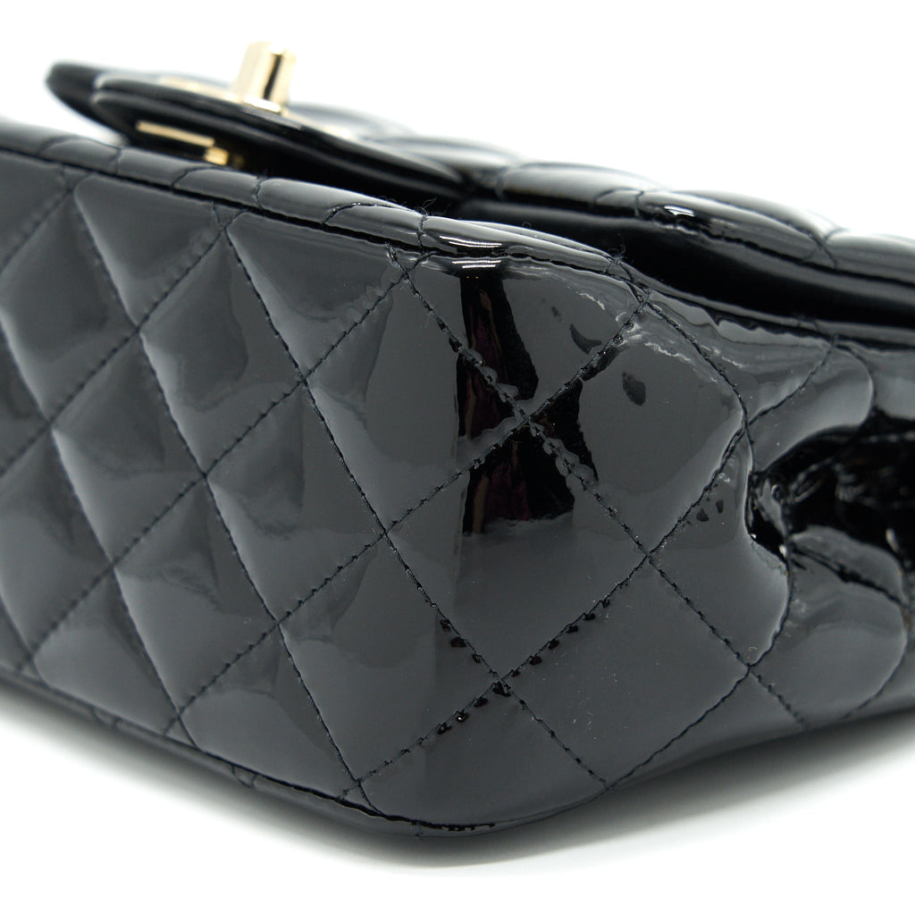 CHANEL MINI SQUARE FLAP BAG QUILTED PATENT LEATHER BLACK