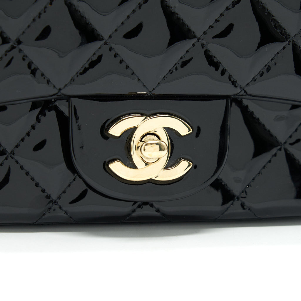 CHANEL MINI SQUARE FLAP BAG QUILTED PATENT LEATHER BLACK