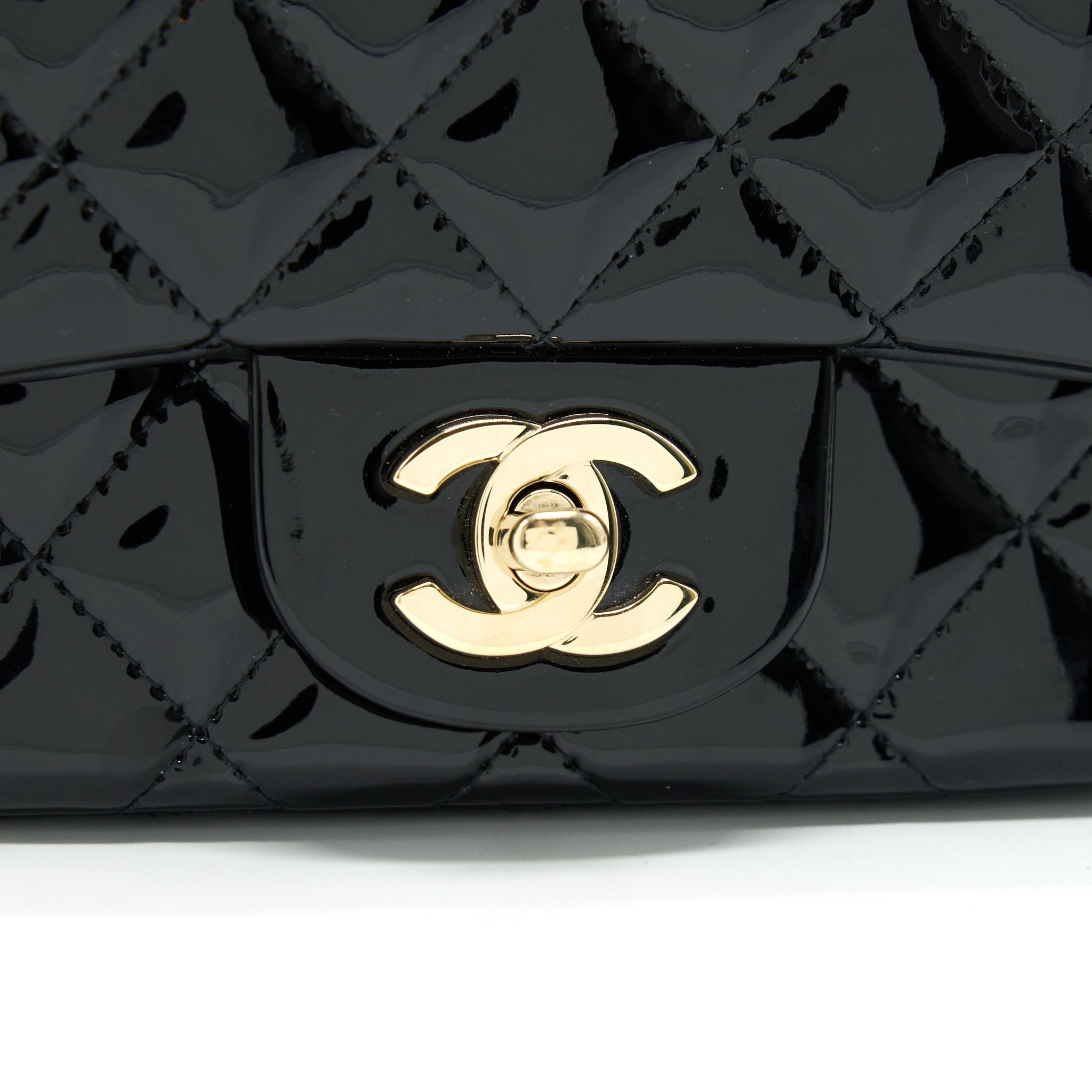 CHANEL MINI SQUARE FLAP BAG QUILTED PATENT LEATHER BLACK
