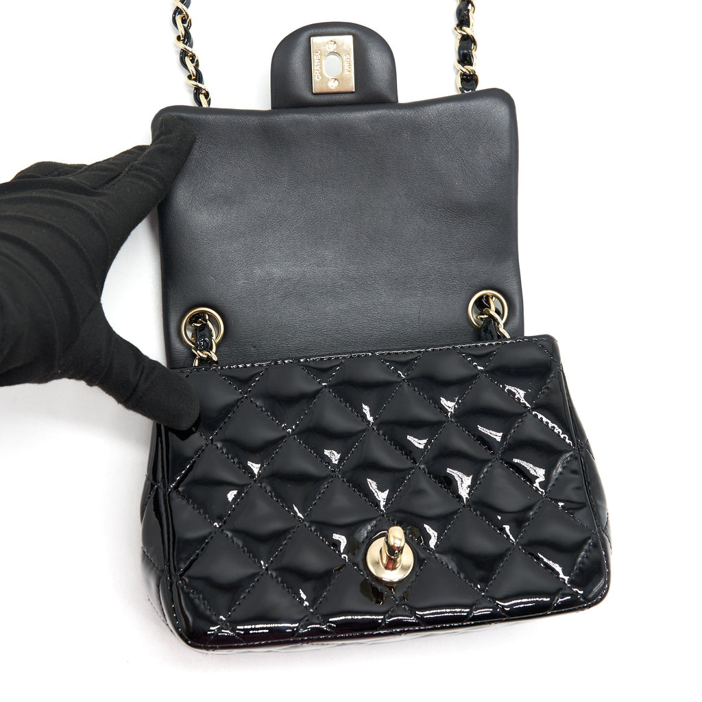 CHANEL MINI SQUARE FLAP BAG QUILTED PATENT LEATHER BLACK