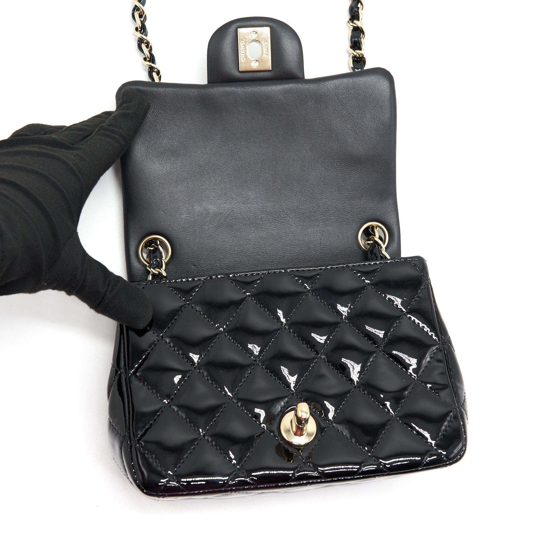 CHANEL MINI SQUARE FLAP BAG QUILTED PATENT LEATHER BLACK