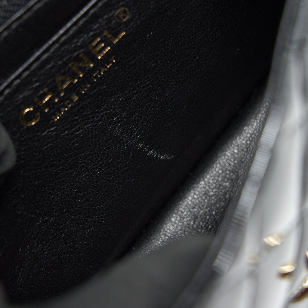 CHANEL MINI SQUARE FLAP BAG QUILTED PATENT LEATHER BLACK