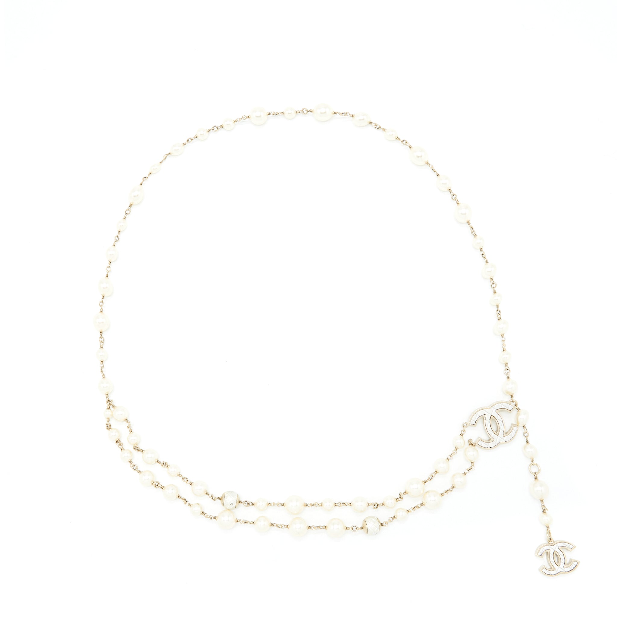 Chanel Pearl Waist Chain Belt With CC Logo Drop Light Gold Tone