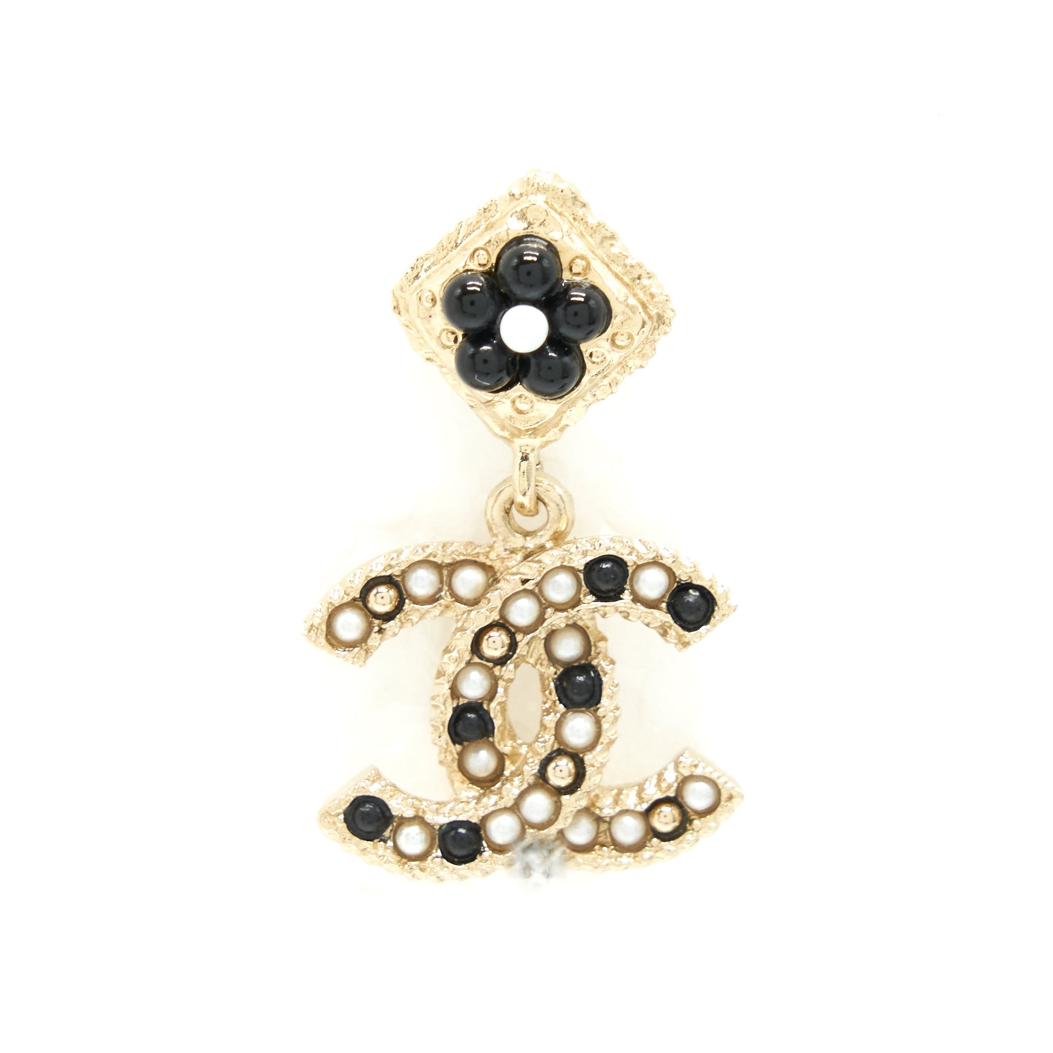 Chanel CC Logo With Flower Black And White Drop Earrings