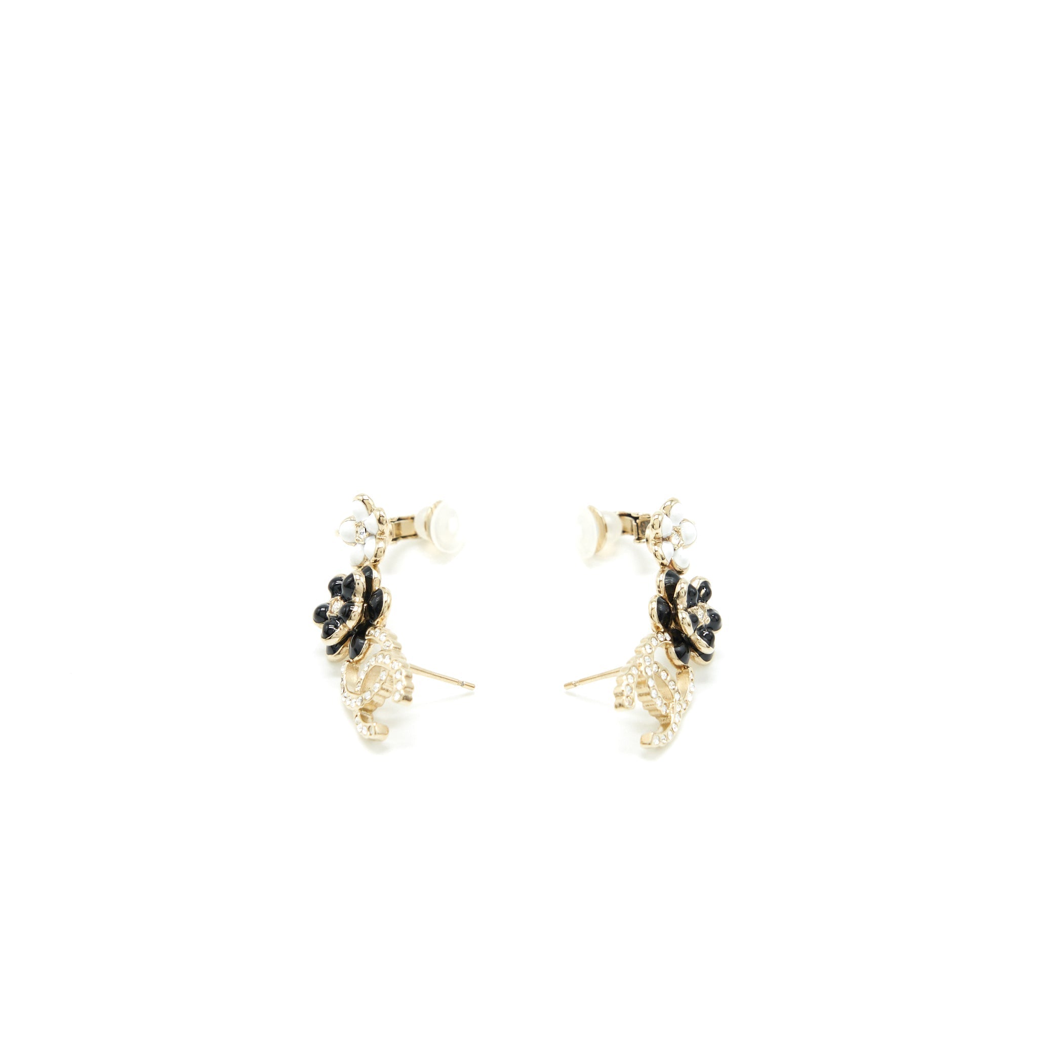 Chanel Crystal CC With Black And White Flowers Earrings L