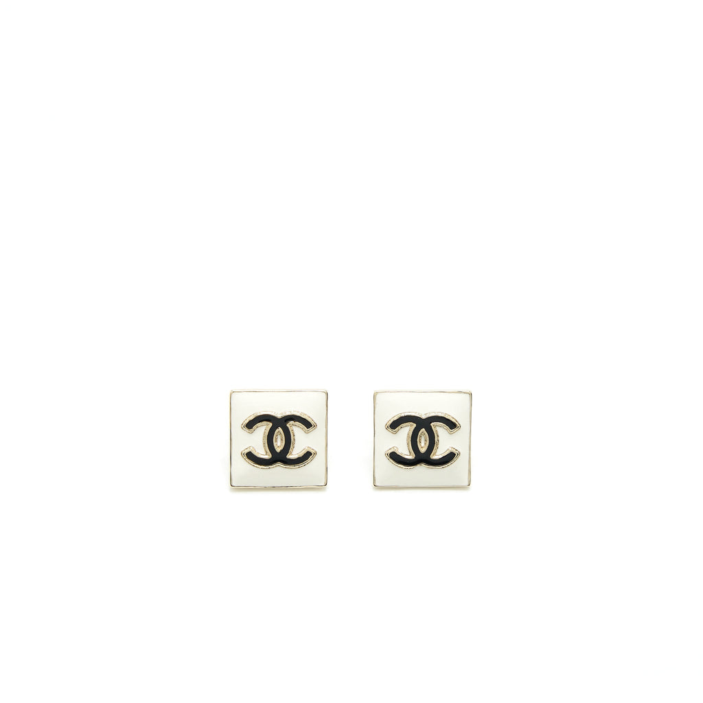 Chanel Square Enamel CC Logo Earrings Black/White Light Gold Tone
