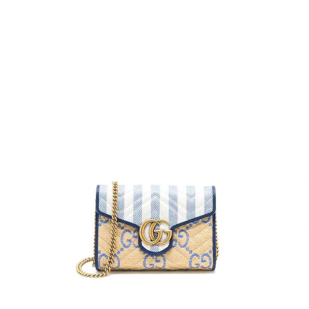 Gucci GG Marmont Flap Bag Matelasse Raffia Blue/Multicolour Brushed
