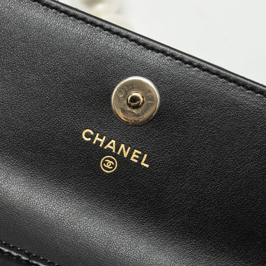 Chanel CC Logo Clutch with Giant Pearl Chain Lambskin Black L