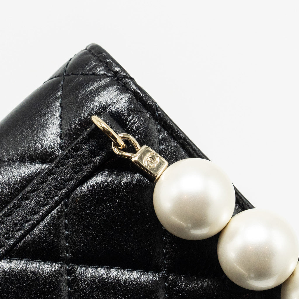 Chanel CC Logo Clutch with Giant Pearl Chain Lambskin Black L
